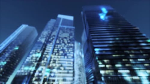 Modern City Skyscrapers Background with Glowing Blue Lights