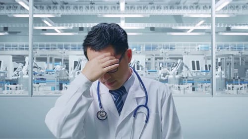Close Up Of Asian Male Doctor Having A Headache In Laboratory