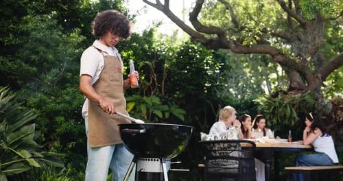 Cheers, bbq and beer with face of man in party for cooking, celebration and social reunion