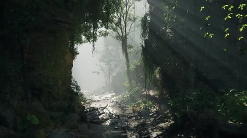 A Sunlit Forest Enveloped in a Mystical Fog Mountain Path