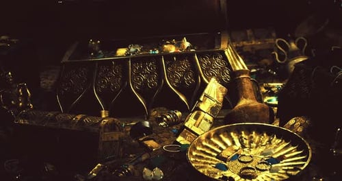 Ancient Gold Treasure Hoard with Ornate Chests and Jewels