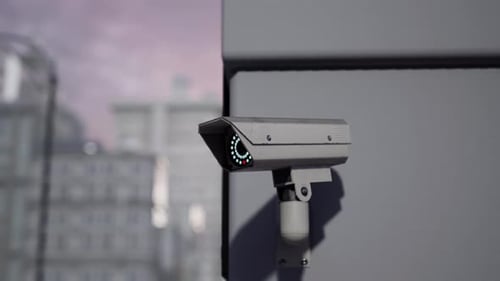 Outdoor CCTV Security Camera Mounted on Building Wall with Blurred City