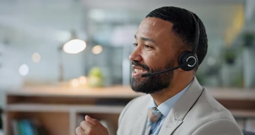 Happy businessman, call center and consulting in customer service, support