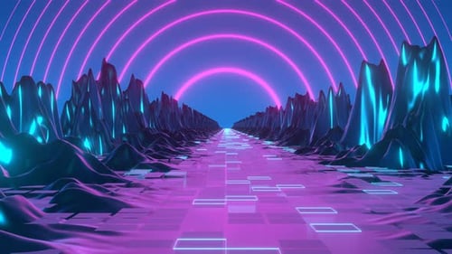 Retrowave VJ video game landscape, neon lights and low poly terrain mesh. Looped seamless frames for