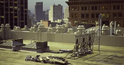 Urban Rooftop Activity Showcases Telecommunications Equipment in Vibrant City