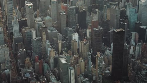 Aerial view of skyscrapers, architecture and tall buildings in New York City.