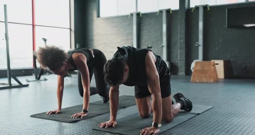 Fitness, high five or happy people in gym training, body workout or core strength challenge