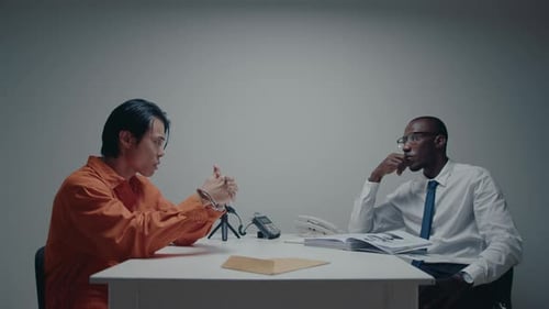 Aggressive Arrested Man Talking to Detective in Interrogation Room