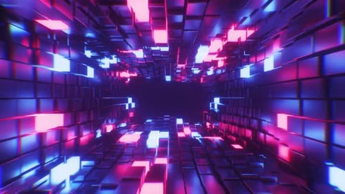 Neonglühende bunte Würfel mit fließendem VJ-Hintergrund