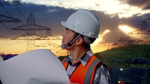 Nahaufnahme eines männlichen asiatischen Ingenieurs, der an einem Laptop in der Nähe des Hochspannungsturms arbeitet