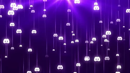 Falling Discord Logos with Purple Particle Trails Background
