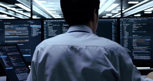 Close Up Back View Of Male Programmer With A Tablet Writing Code By Desktops In The Server Room