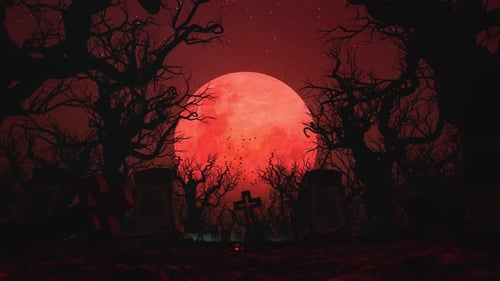 Spooky Graveyard and Dark Forest Silhouetted by a Massive Red Blood Moon
