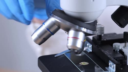 Gloved Hand Adjusting Microscope in Laboratory Setting