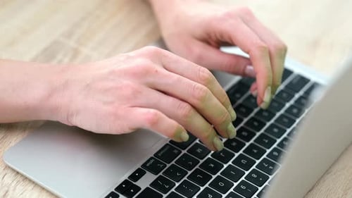 Hands Close Up Woman Working on Laptop Typing on Keyboard Freelancer Doing Work Remotely