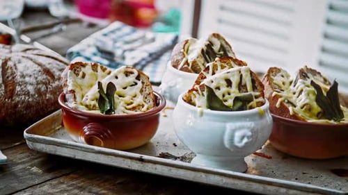 Delicious French Onion Soup on Rustic Wooden Table
