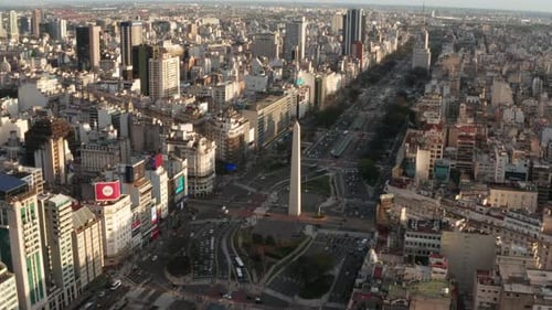 Aerial view of the Obelisk of the City of Buenos Aires, Argentina. Slow drone movement. View of 9 de