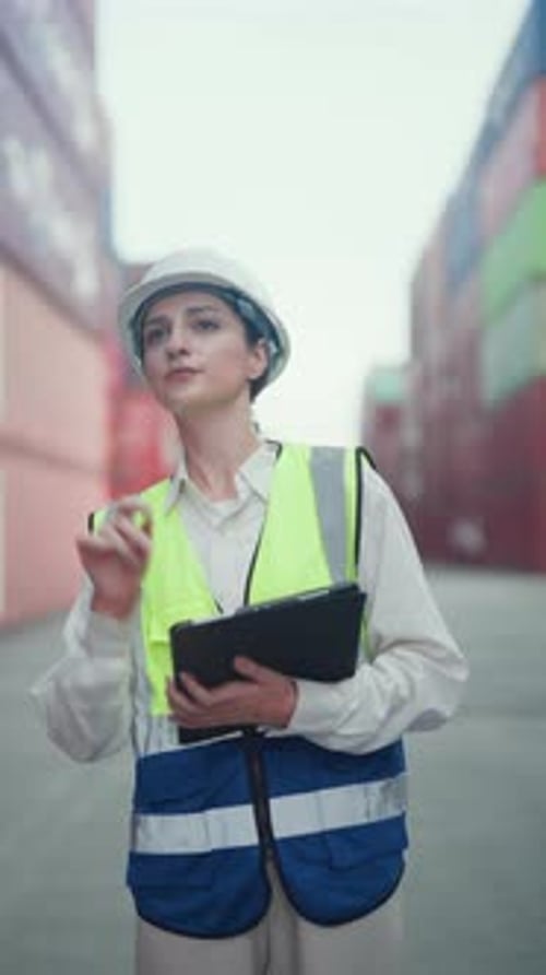 Female Supervisor Uses Tablet at Shipping Port