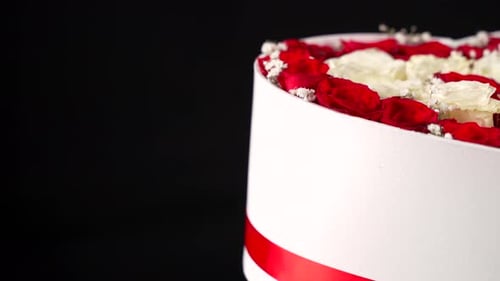 Roses red and white in present gift heath shape slider shot with black background