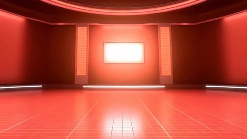 Modern Red Virtual Studio with Glowing Screen Background