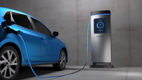 Blue Electric Car Charging at Modern EV Station