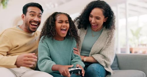 Video game, winning and parents with kid, celebration with support and challenge