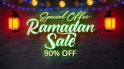 Texte en néon avec lanterne et lumières V10 pour les soldes du Ramadan