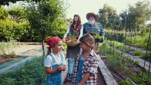 Family Gathered in Vegetable Garden on Sunny Day