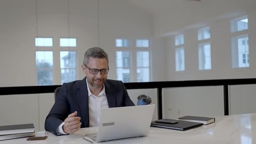 Business Man Talk Online in Office Man on Meeting with Laptop Businessman Worker Talk on Video