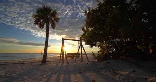Bench on the Beach at Sunset, Palm Trees, Beautiful Peaceful