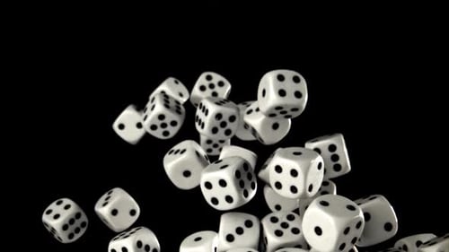 White Dice Tumbling in Slow Motion on Black