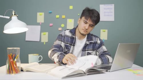 Smiling Young Adult Studying at Home