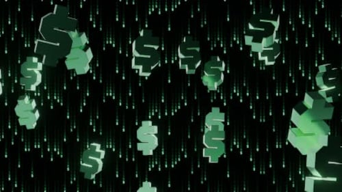 Falling Digital Dollar Signs with Binary Code Background