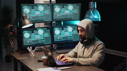 Ladrão hacker masculino invadindo servidor de segurança cibernética