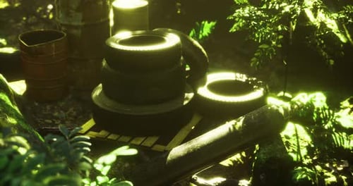 Old Tires and Barrels Gather Sunlight in a Vibrant Forest Setting