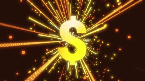 Animierter Hintergrund: ein gelber Dollar, der mit Lichtblitzen und technologischer Energie leuchtet