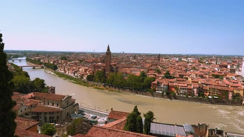 Panning view of Verona and Adige River in Italy from Castel San Pietro. Tourist destination with the