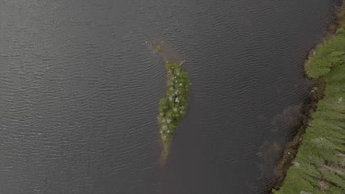 Aerial shot of a small island in a lake in northern Quebec during summer.