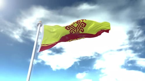 Realistic Waving Flag with Stylized Symbol Against Cloudy Sky