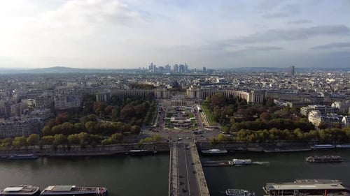 Panoramic View Of The Cityscape Of Paris From The Eiffel Tower In France. Aerial Wide Shot
