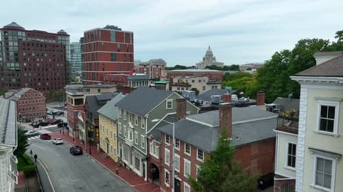 Providence Rhode Island downtown. Residential district overlooks state capitol in distance. RI USA.