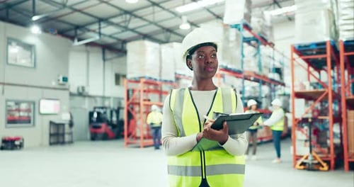 Engineering, checklist and black woman in a warehouse for inventory, stock check or distribution