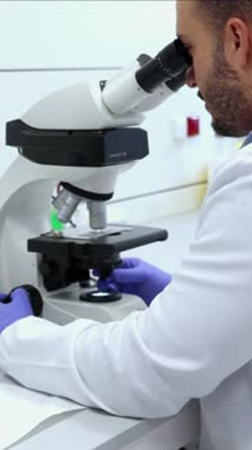 vertikaler Wissenschaftler analysiert Probe mit Mikroskop im Labor