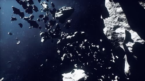 Navigation Challenge Amid Tight Asteroid Fields Under Dramatic Lighting