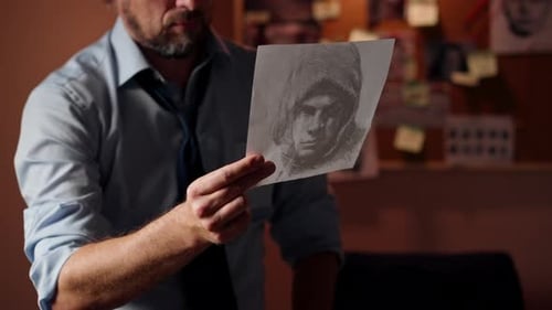 Close Up Detective's Office Middleaged Investigator in a Shirt and Tie Examines with a Magnifying