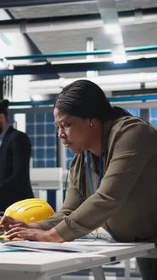 Vertical Video African American Industrial Inspector in Solar Energy Reviews Data on Papers