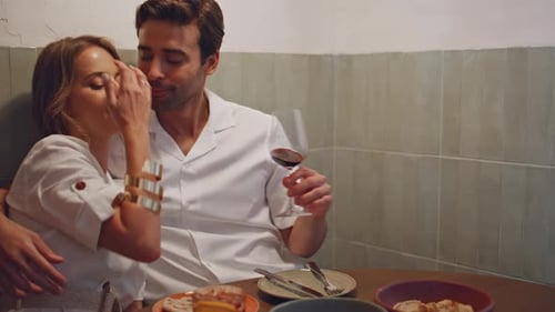 Young Spouses Embracing Date at Cafe Closeup Smiling Woman Enjoying Man Touches