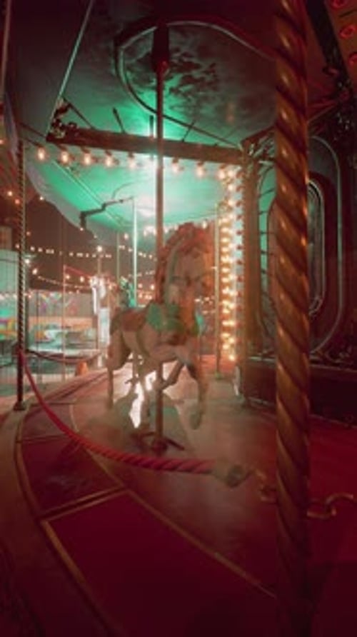 Vintage Carousel Horse Animation at a Night Fair