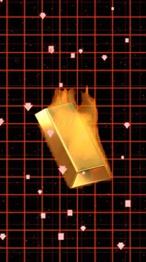 Animated Burning Gold Bar with Financial Data Grid Background