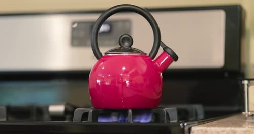 Red Tea Kettle Boiling on Gas Stove Burner